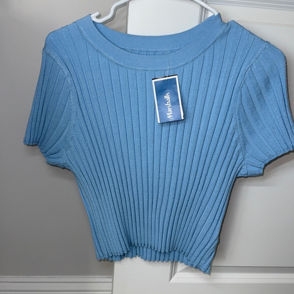 Blue Ribbed Short Sleeve Top - Picture 5 of 5